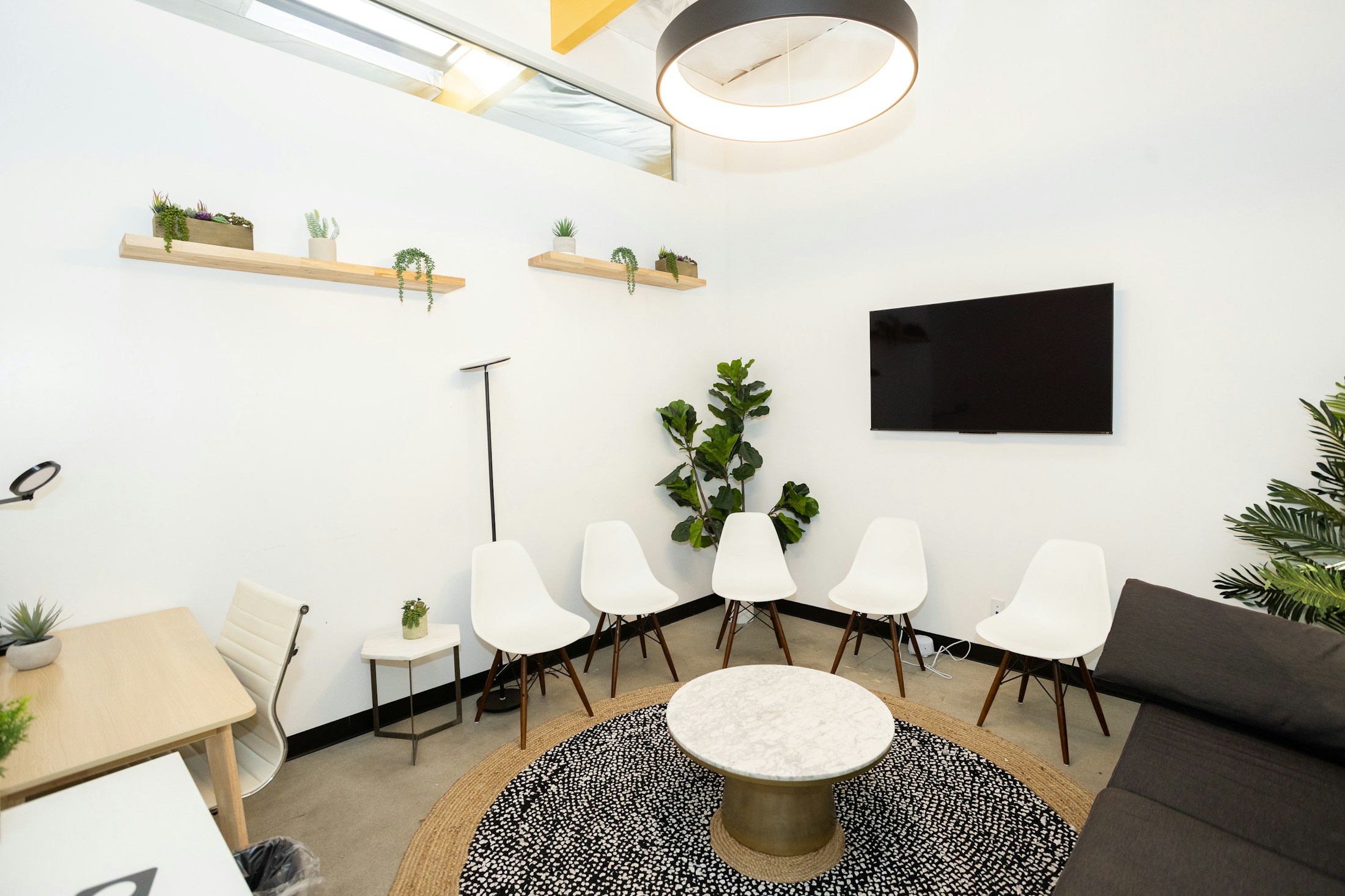 Modern waiting room with white chairs, plants, and soft daylight.